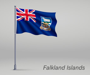Waving flag of Falkland Islands - territory of United Kingdom on flagpole. Template for independence day poster design