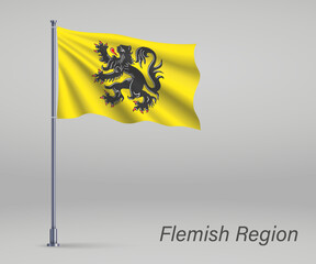 Waving flag of Flemish Region of Belgium on flagpole. Template for independence day poster design