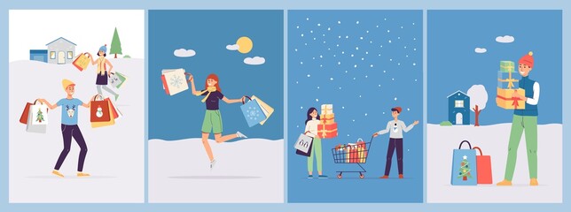 Fototapeta na wymiar Set of vector posters with happy shoppers with lot of Christmas and New year gifts