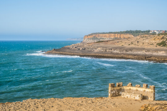 Seascape at Coxos beach with gradient cliffs and to the horizon, Ericeira PORTUGAL