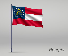 Waving flag of Georgia - state of United States on flagpole. Template for independence day poster design
