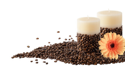 Coffee scented  wax candles decorated with coffee beans.