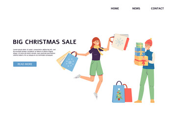 Big Christmas sale website banner with cheerful buyers flat vector illustration.