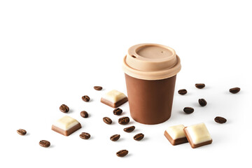 Beautiful takeaway cup made of chocolate with coffee beans and chocolate pieces spilled on isolated white background. Abstract design template on white backdrop. Food and drink concept. Coffee