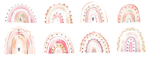 set of cute rainbows in boho style, hand drawing, childrens watercolor illustration, design, print