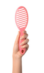 Woman hand and hair vent brush on white background