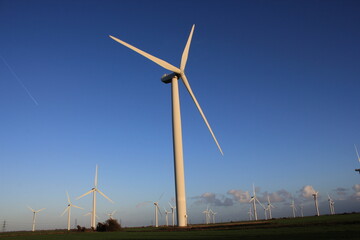 Wind farm turbines that produce electricity energy. Windmill Wind power technology productions Wind turbines standing in green field - stock footage