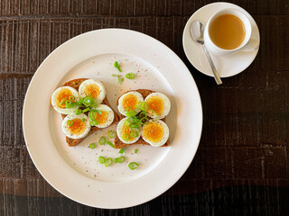 Breakfast with eggs and coffe