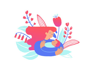 Mom hugging and cuddling newborn baby boy or girl and nursing him. Mother embracing her child. Lieves and flowers in the background. Love and care concept. Modern illustration could be used as logo