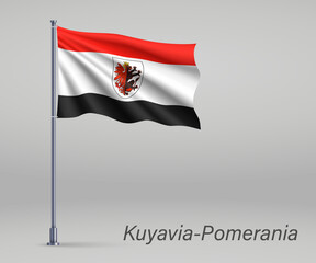 Waving flag of Kuyavia-Pomerania Voivodeship - province of Poland on flagpole. Template for independence day poster design