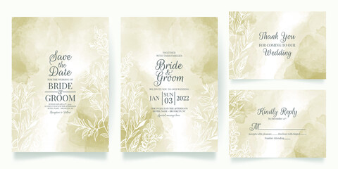 Fototapeta na wymiar floral wedding invitation template set with elegant leaves decoration