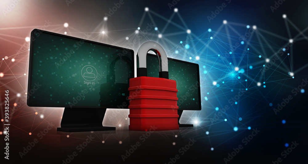 Poster 3d rendering computer network with lock