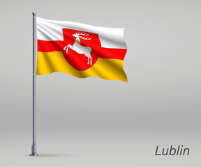 Waving flag of Lublin Voivodeship - province of Poland on flagpole. Template for independence day poster design