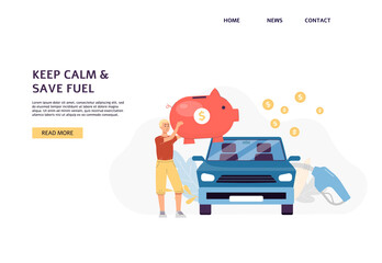 Fuel and petrol economy website banner with car owner flat vector illustration.