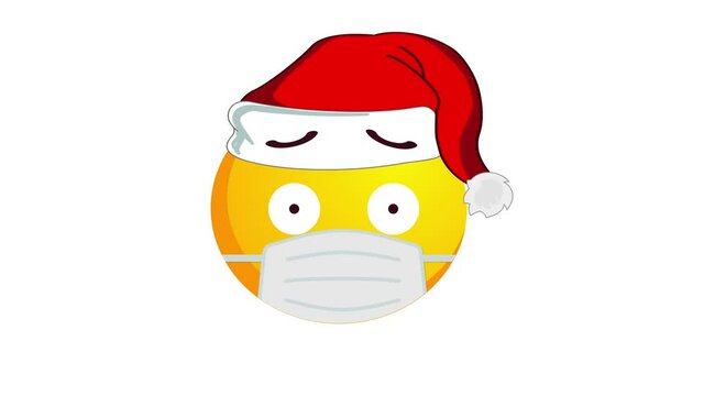 Animation of a confused yellow emoji in santa claus Christmas hat and protective medical mask isolated on white background. Alpha channel.