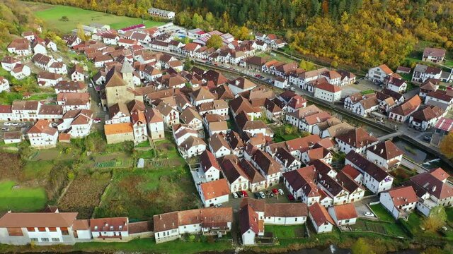 Aerial view of Ochagavia village in autumn. Navarre, Spain, Europe. 4K.