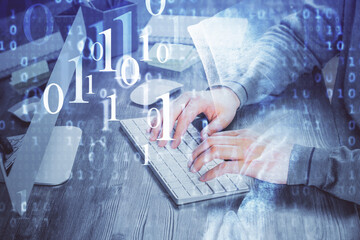 Double exposure of tech drawings with hands working on computer background. Concept of innovation.