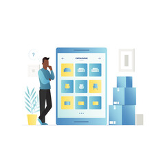 Man selects products in an online store on tablet. Smartphone has an application for online shopping. Person thinks and does not know what to buy at home. Catalog has large selection of products.