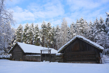 
Winter landscape. An old wooden houses and trees around are covered with snow.