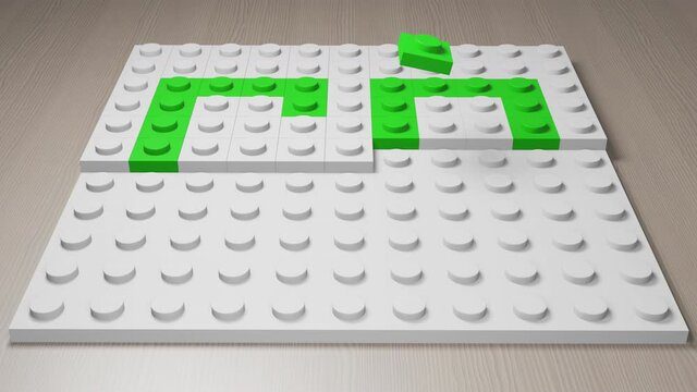 The word GO made from blocks. Animation of plastic bricks falling down on white background from toy constructor. Symbol go formed via green building blocks. 3D isometric photo-realistic render.