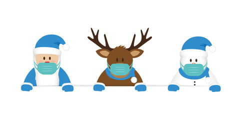deer santa and snowman cartoon with mask corona virus christmas design vector illustration EPS10