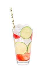 Glass of fresh strawberry lemonade on white background