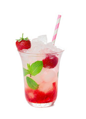 Glass of fresh strawberry lemonade on white background
