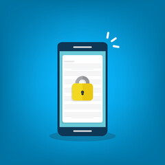 Secure confidential document on a smartphone, padlock on phone, online access with private lock, vector illustration. 