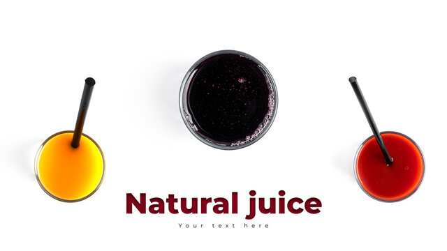 Cherry, tomato and orange juices. Long header banner format. Panorama website header banner. High quality photo