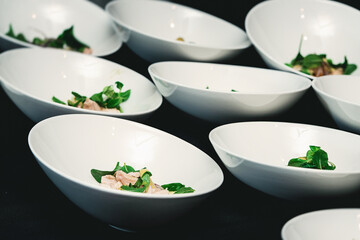 Chicken fillet cooked on a grill with a garnish of salad and grilled avokado. Dietary menu. Healthy food.