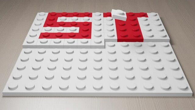 The word STOP made from blocks. Animation of plastic bricks falling down on white background from toy constructor. Symbol stop formed via red building blocks. 3D isometric photo-realistic render.