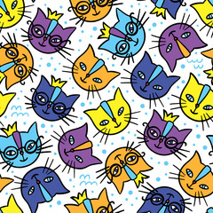 COLORFUL CATS Hand Drawn Children Sketch Cartoon Cute Animal Faces Seamless Pattern Vector Illustration For Print