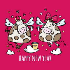 LETS DRINK FOR A NEW YEAR Two Funny Cows Clink Glasses Merry Christmas Cartoon Holiday Bull Hand Drawn Hygge Clip Art Vector Illustration Set For Print