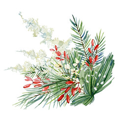 Watercolor Christmas bouquet with fir branches, leaves, wild floral, pampas grass. Winter greenery banner  for christmas card, greeting card, bridal card, wedding invintation, baby shower.