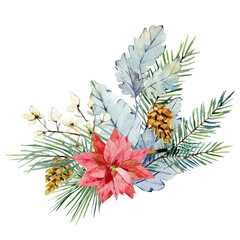 Fototapeta na wymiar Watercolor Christmas bouquet with fir branches, poinsettia, wild flower, pine cone. Winter floral greenery blue banner for christmas card, greeting card, bridal card, wedding invintation