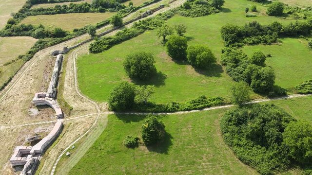 Aerial view of ruins of ancient Roman city Nicopolis ad Nestum near town of Garmen, Blagoevgrad Region, Bulgaria