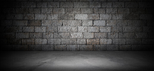 Stone wall and concrete floor background, product display urban room