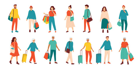 Collection vector illustrations of young and old women and men of different nationalities. People are standing in different positions with bags, suitcases, packages.Shopping in the store, travel, work
