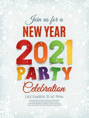 New Year party 2021 poster template with snow and snowflakes.