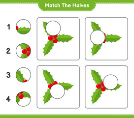 Match the halves. Match halves of Holly Berries. Educational children game, printable worksheet, vector illustration
