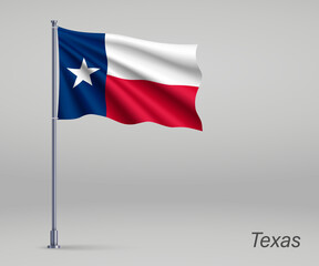 Waving flag of Texas - state of United States on flagpole. Template for independence day poster design