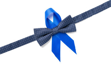 Blue ribbon. Awareness prostate cancer of men health in November. Blue ribbon, fashion bowtie...