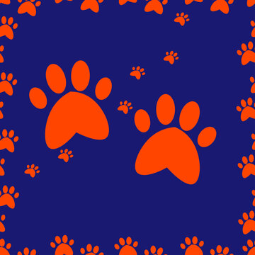 Vector Seamless Illustration With Orange Animal Footprints On A Blue Background For Print, Wallpaper, Fabric, Wrapping Paper.