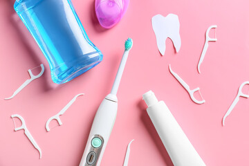 Set for oral hygiene on color background