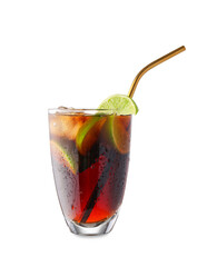 Glass of tasty Cuba Libre cocktail on white background