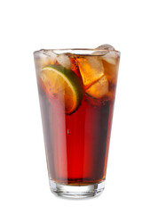 Glass of tasty Cuba Libre cocktail on white background