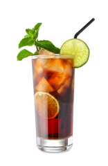 Glass of tasty Cuba Libre cocktail on white background
