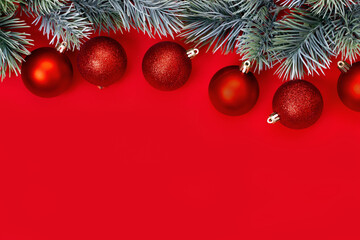 Red Christmas Decorations Red Background Copy Space New Year Composition Flat lay, top view. Minimalistic style.