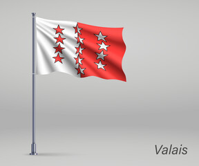 Waving flag of Valais - canton of Switzerland on flagpole. Template for independence day poster design