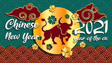 Chinese new year 2021 year of the ox background, red and gold ox character, clouds, flower and asian elements on background
